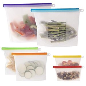 weesprout 100% silicone reusable food storage bags - set of 6 leakproof & airtight bags (two 6 cup, two 4 cup, and two 2 cup bags), freezer, microwave, & dishwasher friendly, for lunches and snacks