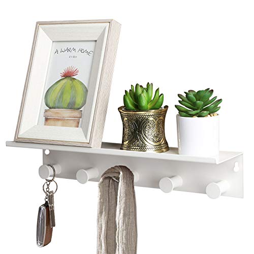 Hoanvi Metal Wall Key Holder Hooks Storage, Wall Mounted Coat Rack Shelf Décor for Photo Ledge Display, White Floating Shelves Organizer for Entryway, Kitchen, Bathroom.