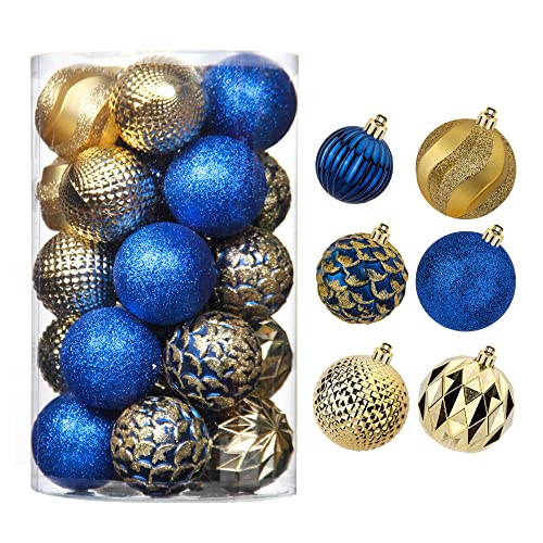 31pcs 2.75in & 1.97in Christmas Decoration Balls Shatterproof Colorful Set Ornaments Balls for Festival Wedding Home Party Decors Xmas Tree Hanging (Blue & Gold)