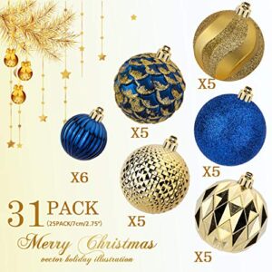 31pcs 2.75in & 1.97in Christmas Decoration Balls Shatterproof Colorful Set Ornaments Balls for Festival Wedding Home Party Decors Xmas Tree Hanging (Blue & Gold)