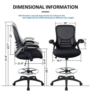 High-Back Mesh Ergonomic Drafting Chair Tall Office Chair Standing Desk Stool with Adjustable Foot Ring and Flip-Up Arms (Black)