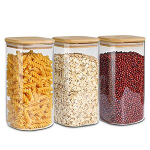 comsaf airtight glass storage canister with wood lid (50oz), clear food storage container jar with sealing bamboo lid for noodles flour cereal rice sugar tea coffee beans, set of 3