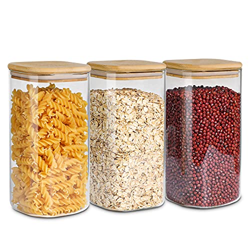 ComSaf Airtight Glass Storage Canister with Wood Lid (50oz), Clear Food Storage Container Jar with Sealing Bamboo Lid for Noodles Flour Cereal Rice Sugar Tea Coffee Beans, Set of 3