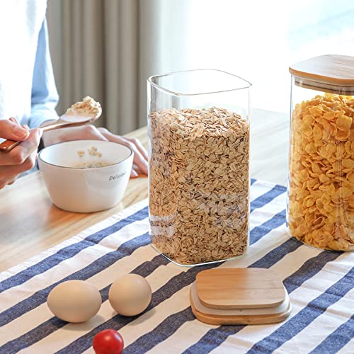 ComSaf Airtight Glass Storage Canister with Wood Lid (50oz), Clear Food Storage Container Jar with Sealing Bamboo Lid for Noodles Flour Cereal Rice Sugar Tea Coffee Beans, Set of 3