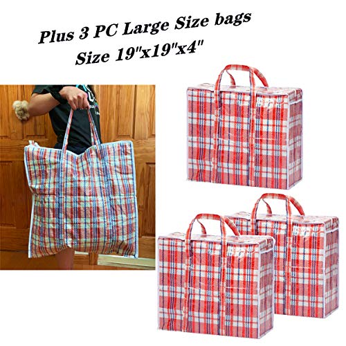 Set of 6 Large & Jumbo Plastic Checkered Laundry Bags with Zipper and Handles for Travel, Laundry, Shopping, Storage, Moving,Size:(27"x23"x5.5") and (19"x19"x4") - Color may vary