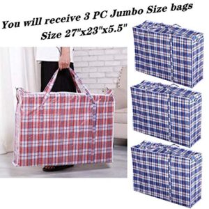 Set of 6 Large & Jumbo Plastic Checkered Laundry Bags with Zipper and Handles for Travel, Laundry, Shopping, Storage, Moving,Size:(27"x23"x5.5") and (19"x19"x4") - Color may vary