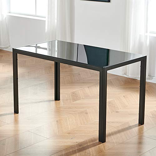 IDS Home Rectangular with Metal Legs for 4/6 Persons Transparent Glass Top Kitchen Dining Table, 51.2", Black