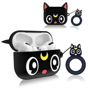 black sailor moon airpods pro case, 3d cute cartoon character protective soft silicone apple airpods pro cover with keychain, kawaii anime animal skin accessories gift for girls kids teens(luna cat)