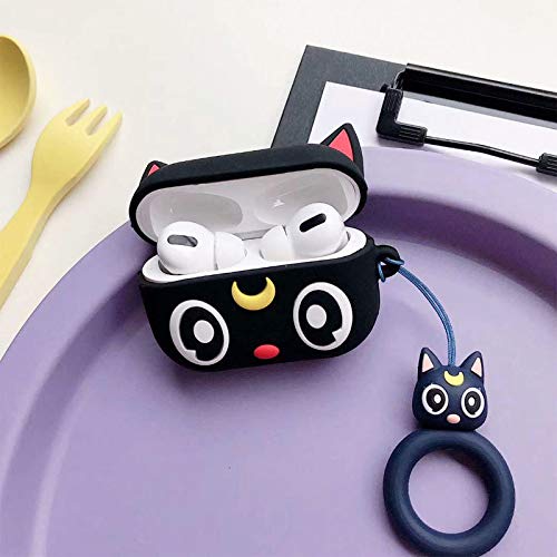 Black Sailor Moon Airpods Pro Case, 3D Cute Cartoon Character Protective Soft Silicone Apple Airpods Pro Cover with Keychain, Kawaii Anime Animal Skin Accessories Gift for Girls Kids Teens(Luna Cat)