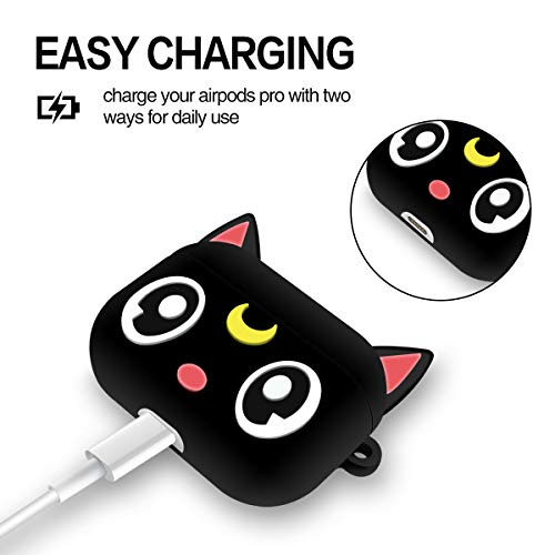Black Sailor Moon Airpods Pro Case, 3D Cute Cartoon Character Protective Soft Silicone Apple Airpods Pro Cover with Keychain, Kawaii Anime Animal Skin Accessories Gift for Girls Kids Teens(Luna Cat)