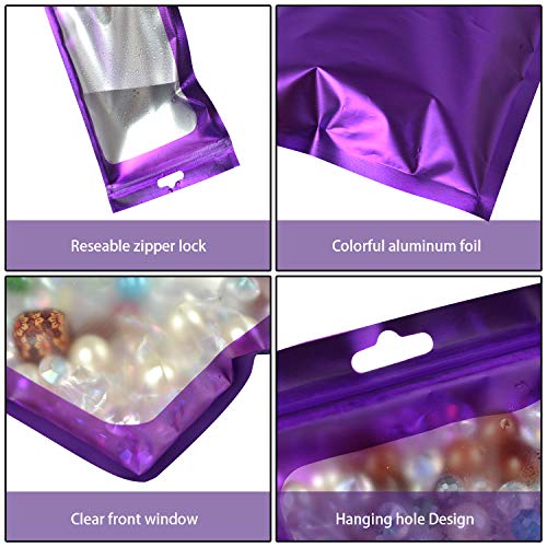 EONJOE 100-pack mylar packaging bags for small business sample bag smell proof resealable zipper pouch bags jewelry food Lip gloss eyelash phone case bracelet keychain package supplies etc -front frosted window -cute (Purple, 2.75×3.93 inches)