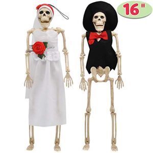 joyin 2pcs 16" scary halloween skeletons decorations full body with poseable bride and groom ornament for haunted house décor, home, party, graveyard