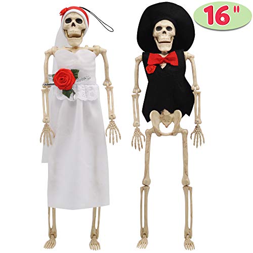 JOYIN 2PCS 16" Scary Halloween Skeletons Decorations Full Body with Poseable Bride and Groom Ornament for Haunted House Décor, Home, Party, Graveyard