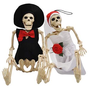 JOYIN 2PCS 16" Scary Halloween Skeletons Decorations Full Body with Poseable Bride and Groom Ornament for Haunted House Décor, Home, Party, Graveyard