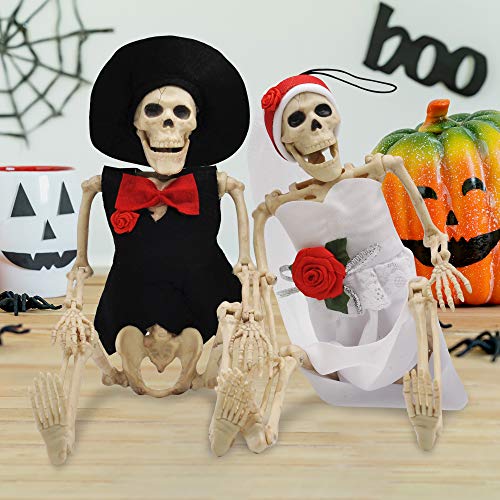 JOYIN 2PCS 16" Scary Halloween Skeletons Decorations Full Body with Poseable Bride and Groom Ornament for Haunted House Décor, Home, Party, Graveyard