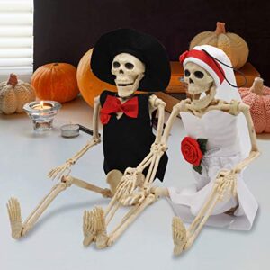 JOYIN 2PCS 16" Scary Halloween Skeletons Decorations Full Body with Poseable Bride and Groom Ornament for Haunted House Décor, Home, Party, Graveyard