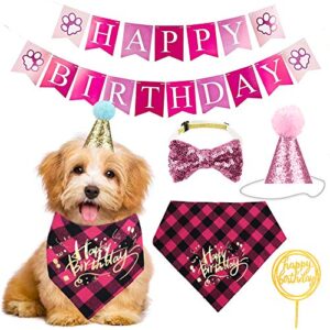 neo loons dog birthday bandana set, cute dog bow tie scarf crown hat happy birthday banner for dogs birthday party supplies decorations for small medium pet dog puppy(pink)
