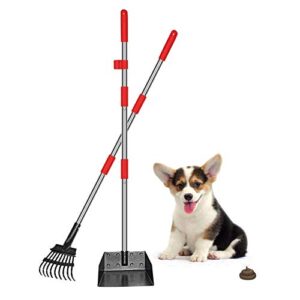 qimh upgraded dog pooper scooper extra large, adjustable long handle stainless metal pet poop tray and rake set for large medium small dogs, dog waste removal bin rake, great for grass, street, gravel