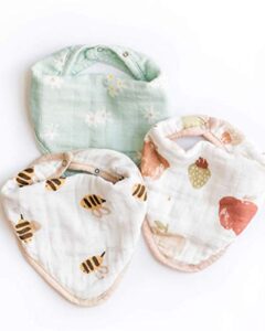 nightingale baby bandana bibs - absorbent, soft, hypoallergenic bamboo muslin drool cloths - cute drooling bibs for boys and girls (bee/fruit/daisy)