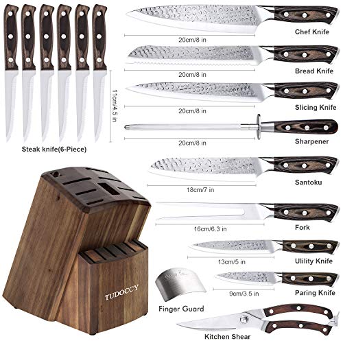 Kitchen Knife Set, 16-Piece Knife Set with Built-in Sharpener and Wooden Block, Precious Wengewood Handle for Chef Knife Set, German Stainless Steel Knife Block Set, Ultra Sharp Full Tang Forged