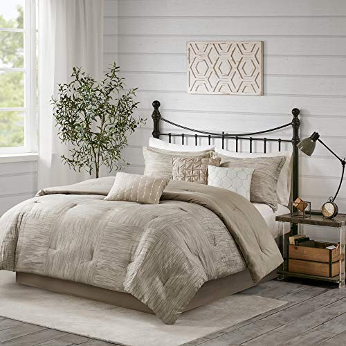 Madison Park Walter Comforter-Luxe Seersucker Print Design All Season Down Alternative Bedding, Matching Shams, Bedskirt, Decorative Pillows, Queen (90 in x 90 in), Taupe