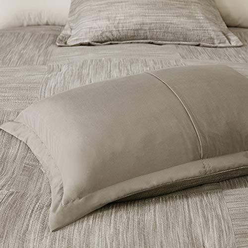 Madison Park Walter Comforter-Luxe Seersucker Print Design All Season Down Alternative Bedding, Matching Shams, Bedskirt, Decorative Pillows, Queen (90 in x 90 in), Taupe