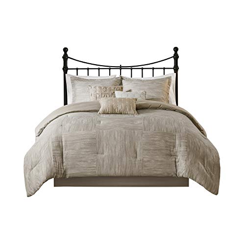 Madison Park Walter Comforter-Luxe Seersucker Print Design All Season Down Alternative Bedding, Matching Shams, Bedskirt, Decorative Pillows, Queen (90 in x 90 in), Taupe