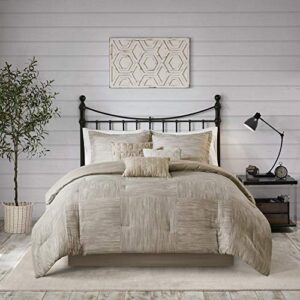 Madison Park Walter Comforter-Luxe Seersucker Print Design All Season Down Alternative Bedding, Matching Shams, Bedskirt, Decorative Pillows, Queen (90 in x 90 in), Taupe