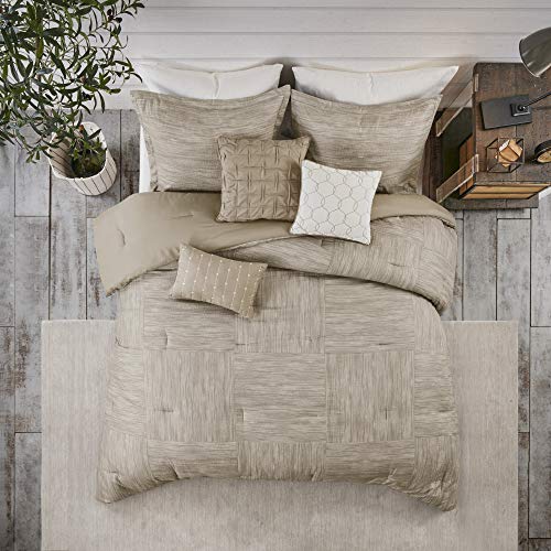 Madison Park Walter Comforter-Luxe Seersucker Print Design All Season Down Alternative Bedding, Matching Shams, Bedskirt, Decorative Pillows, Queen (90 in x 90 in), Taupe