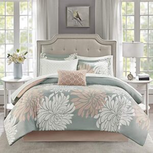 madison park essentials maible cozy bed in a bag comforter with complete cotton sheet set-floral medallion damask design all season cover, decorative pillow, queen (90 in x 90 in), blush/gray