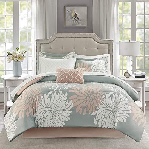 Madison Park Essentials Maible Cozy Bed in A Bag Comforter with Complete Cotton Sheet Set-Floral Medallion Damask Design All Season Cover, Decorative Pillow, Queen (90 in x 90 in), Blush/Gray