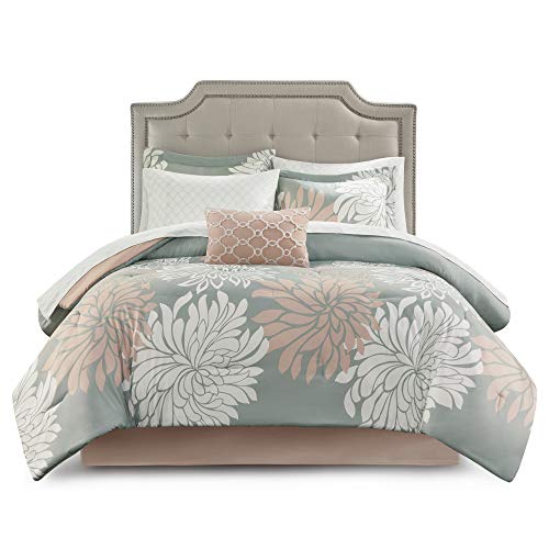 Madison Park Essentials Maible Cozy Bed in A Bag Comforter with Complete Cotton Sheet Set-Floral Medallion Damask Design All Season Cover, Decorative Pillow, Queen (90 in x 90 in), Blush/Gray