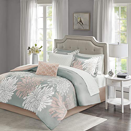 Madison Park Essentials Maible Cozy Bed in A Bag Comforter with Complete Cotton Sheet Set-Floral Medallion Damask Design All Season Cover, Decorative Pillow, Queen (90 in x 90 in), Blush/Gray