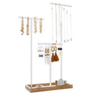 SONGMICS 2-in-1 Jewelry Display Stand Holder, Jewelry Rack Tree with 3 T-Shape Metal Bars with Holes, Storage Tray, Adjustable, Long Necklace Bracelet Earring Ring, Rustic Brown and White UJJS016W01