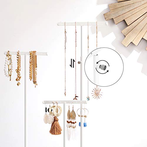 SONGMICS 2-in-1 Jewelry Display Stand Holder, Jewelry Rack Tree with 3 T-Shape Metal Bars with Holes, Storage Tray, Adjustable, Long Necklace Bracelet Earring Ring, Rustic Brown and White UJJS016W01