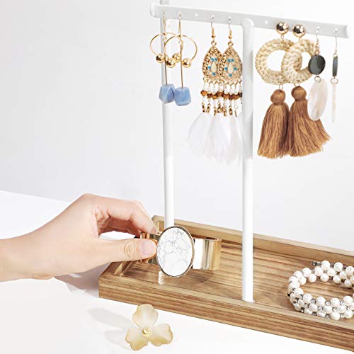 SONGMICS 2-in-1 Jewelry Display Stand Holder, Jewelry Rack Tree with 3 T-Shape Metal Bars with Holes, Storage Tray, Adjustable, Long Necklace Bracelet Earring Ring, Rustic Brown and White UJJS016W01