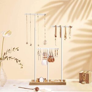 SONGMICS 2-in-1 Jewelry Display Stand Holder, Jewelry Rack Tree with 3 T-Shape Metal Bars with Holes, Storage Tray, Adjustable, Long Necklace Bracelet Earring Ring, Rustic Brown and White UJJS016W01