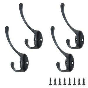 bitray 4 pack heavy duty dual coat hooks wall mounted with screws,zinc alloy robe hook hanger double prong wall hooks for hanging coat, robe, backpack, black