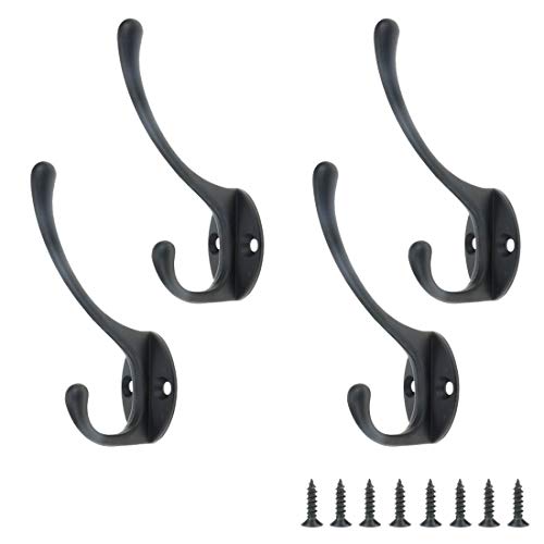 Bitray 4 Pack Heavy Duty Dual Coat Hooks Wall Mounted with Screws,Zinc Alloy Robe Hook Hanger Double Prong Wall Hooks for Hanging Coat, Robe, Backpack, Black