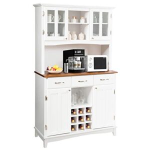 giantex buffet hutch cabinet, kitchen hutch sideboard, buffet cabinet on storage island, wood kitchenware server with 3 large drawers and 9 wine bottle modulars (white)
