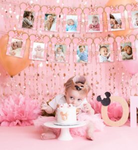 cartoon mouse photo banner pink and gold newborn to 12 month birthday banner for cartoon mouse themed 1st birthday decorations supplies