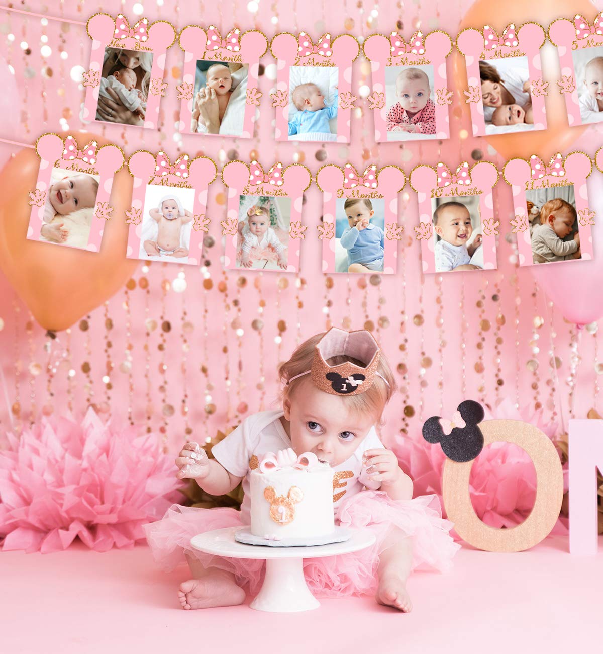 Cartoon Mouse Photo Banner Pink and Gold Newborn to 12 Month Birthday Banner for Cartoon Mouse Themed 1st Birthday Decorations Supplies