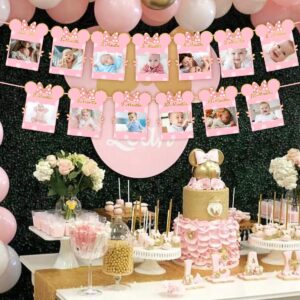 Cartoon Mouse Photo Banner Pink and Gold Newborn to 12 Month Birthday Banner for Cartoon Mouse Themed 1st Birthday Decorations Supplies