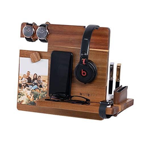 WUTCRFT - Wood Docking Station/Nightstand Organizer with Headphone Stand, Smart Watch Charging Slot, Photo Holder, and Accessory Holder, Perfect for Desk Organizer/Gifts for Men (Dark)