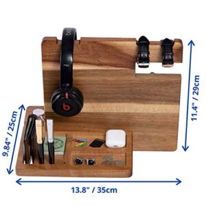 WUTCRFT - Wood Docking Station/Nightstand Organizer with Headphone Stand, Smart Watch Charging Slot, Photo Holder, and Accessory Holder, Perfect for Desk Organizer/Gifts for Men (Dark)