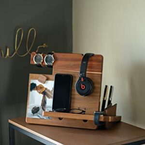 WUTCRFT - Wood Docking Station/Nightstand Organizer with Headphone Stand, Smart Watch Charging Slot, Photo Holder, and Accessory Holder, Perfect for Desk Organizer/Gifts for Men (Dark)