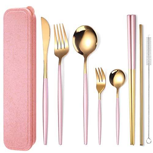 AARAINBOW 8 Pieces Stainless Steel Flatware Set Portable Reusable Cutlery Set Travel Utensils Set Including Chopsticks Knife Fork Spoon Straws Cleaning Brush Dishwasher Safe (Pink Golden)