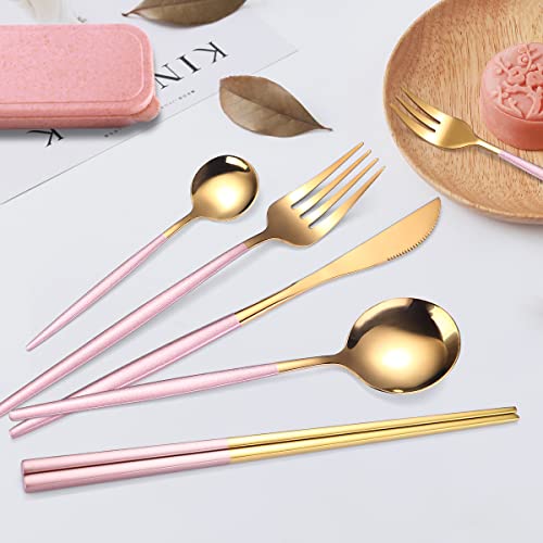 AARAINBOW 8 Pieces Stainless Steel Flatware Set Portable Reusable Cutlery Set Travel Utensils Set Including Chopsticks Knife Fork Spoon Straws Cleaning Brush Dishwasher Safe (Pink Golden)