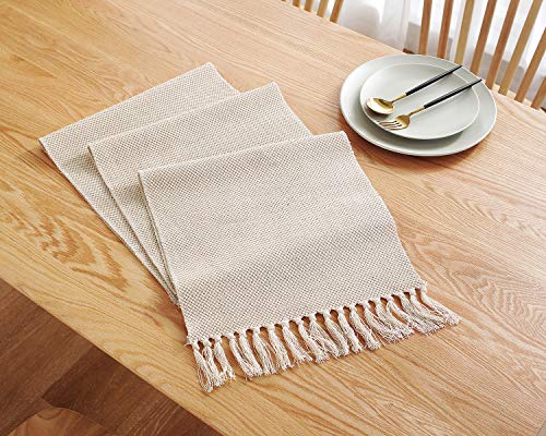 13 x 72 inch Fall Farmhouse Cotton Linen Table Runner with Handcraft Tassel, Rustic Jute Burlap Table Runners 72 Inches Long for Dining Room, Dresser Decor - Waffle