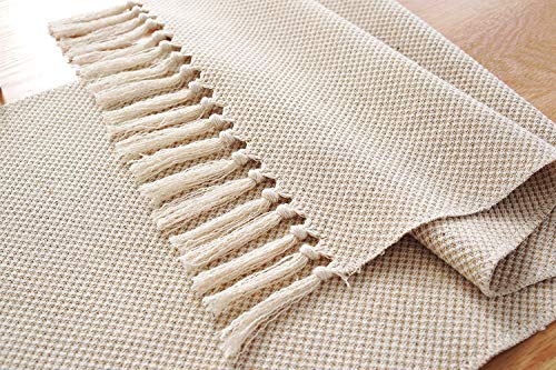 13 x 72 inch Fall Farmhouse Cotton Linen Table Runner with Handcraft Tassel, Rustic Jute Burlap Table Runners 72 Inches Long for Dining Room, Dresser Decor - Waffle